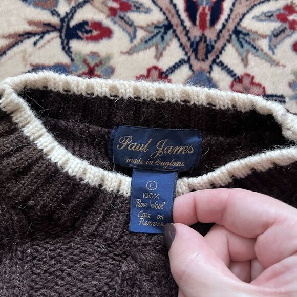 Vintage Paul James Brown White 100% Wool Cable Knit Men's Sweater Size L - Picture 2 of 5